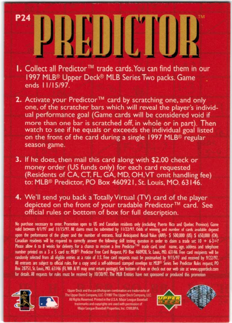1997 Upper Deck Predictor #24 Barry Bonds back image