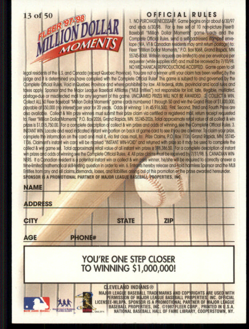 1997 Fleer Baseball "Million Dollar Moments" Insert Cards - Picture 27 of 88