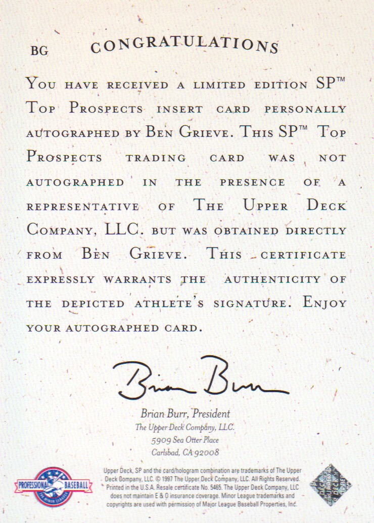 1998 SP Top Prospects Autographs #BG Ben Grieve back image