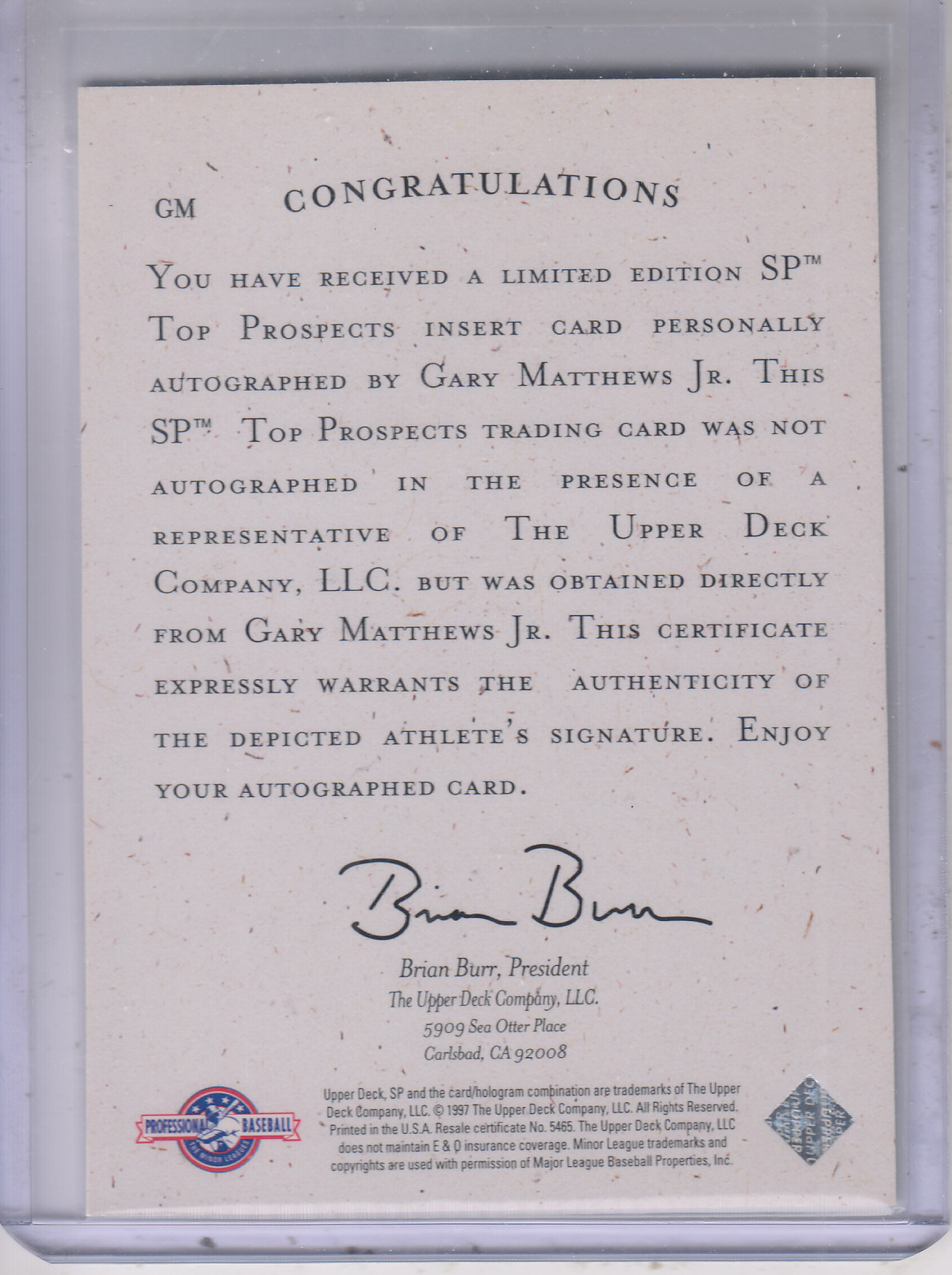 1998 SP Top Prospects Autographs #GM Gary Matthews Jr. back image