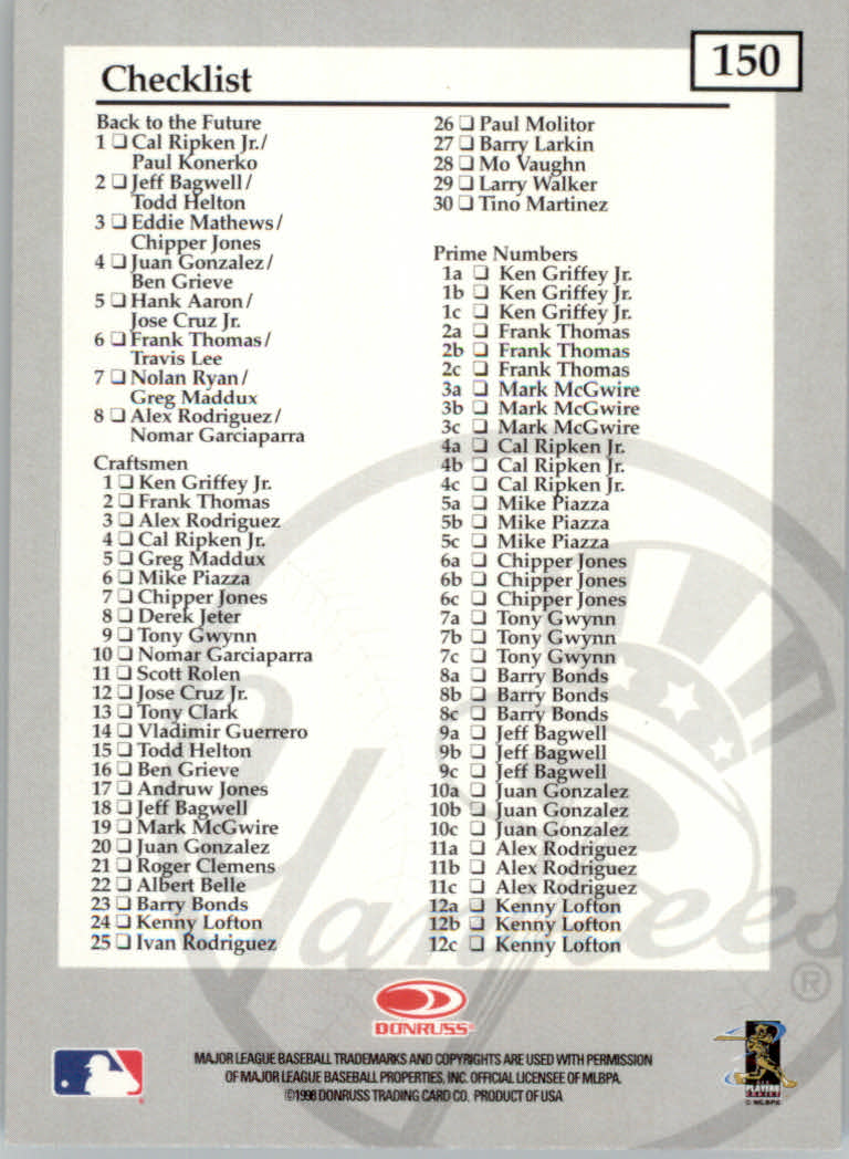 1998 Donruss Elite Baseball "Main Set" Cards #1 to #150 - Picture 301 of 301