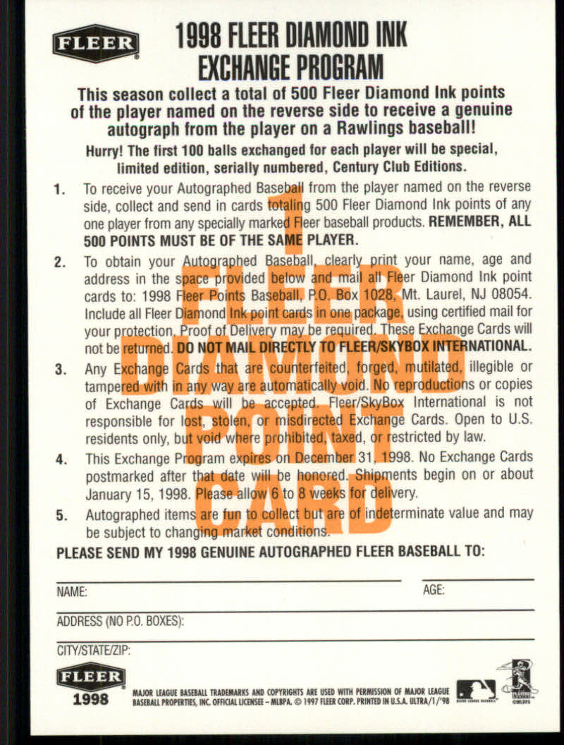 1998 Fleer Tradition Baseball "Diamond Ink Points" Insert Cards - Picture 11 of 11