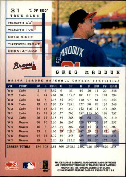 1998 Leaf Rookies and Stars True Blue #31 Greg Maddux back image