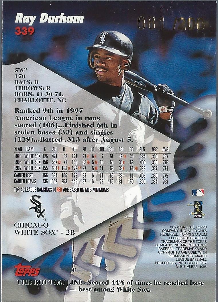 1998 Stadium Club First Day Issue #339 Ray Durham back image