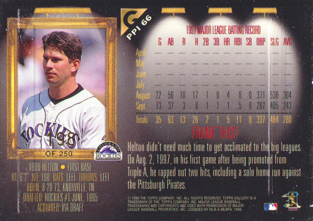1998 Topps Gallery Player's Private Issue #66 Todd Helton back image