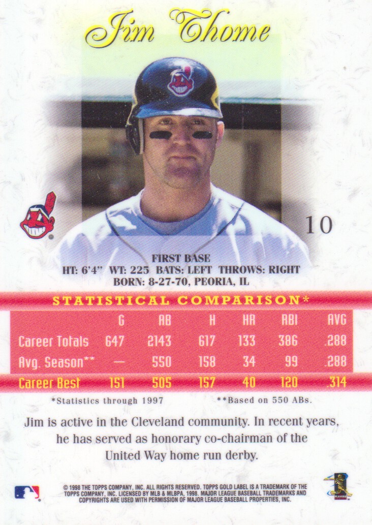 1998 Topps Gold Label Class 1 #10 Jim Thome back image