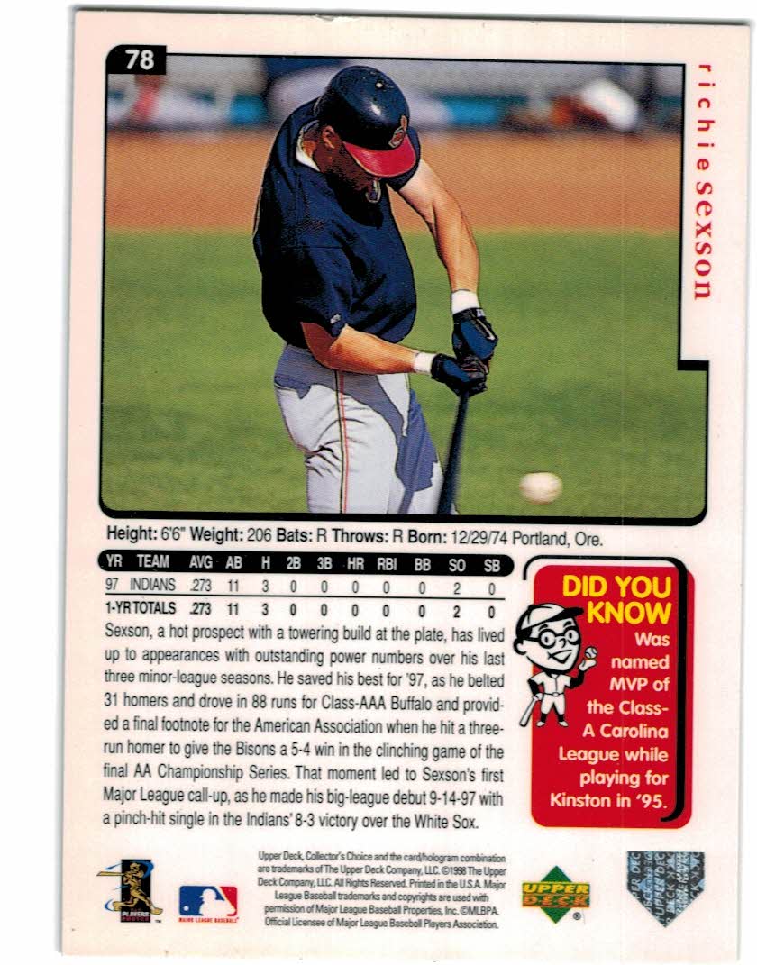 1998 Collector's Choice #78 Richie Sexson back image