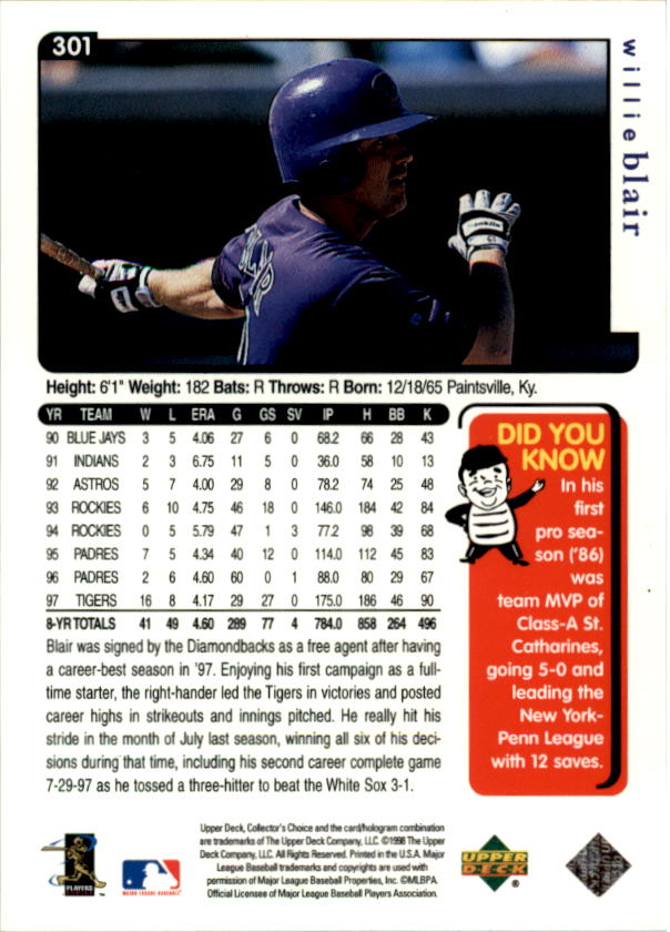 1998 Collector's Choice #301 Willie Blair back image