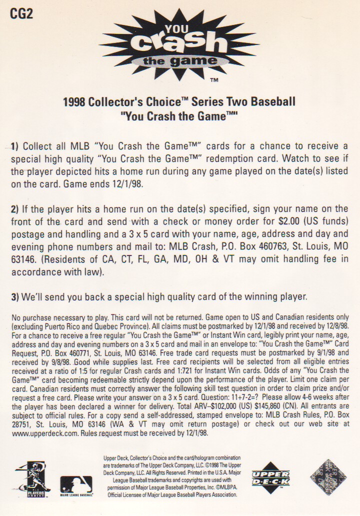 1998 Collector's Choice Crash the Game #CG2C T.Lee Sept 17-20 L back image