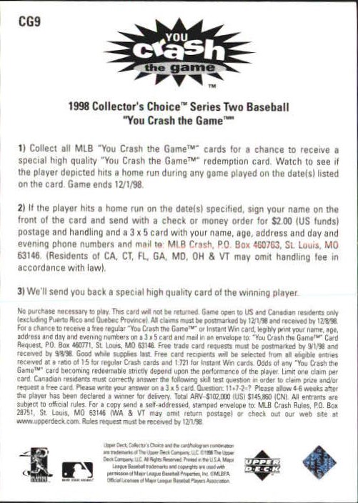 1998 Collector's Choice Crash the Game #CG9C M.Williams Sept 18-20 L back image