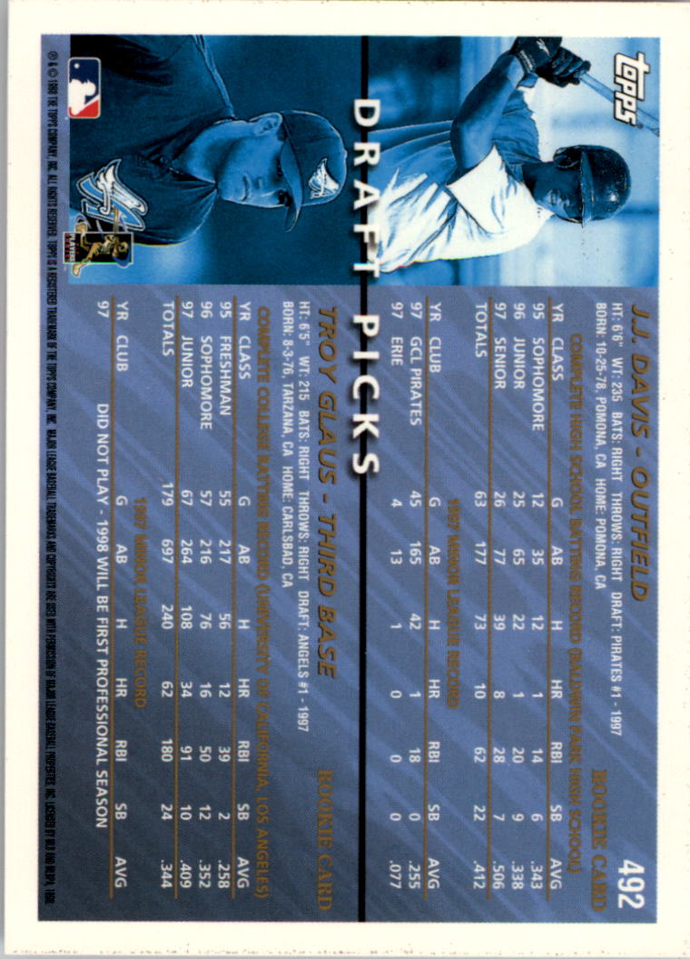1998 Topps Inaugural Diamondbacks #492 Troy Glaus back image