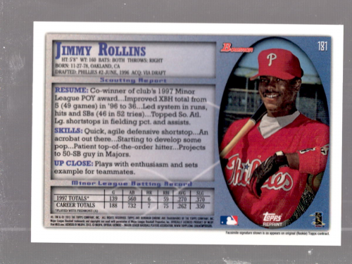 1998 Bowman Chrome Refractors #181 Jimmy Rollins back image