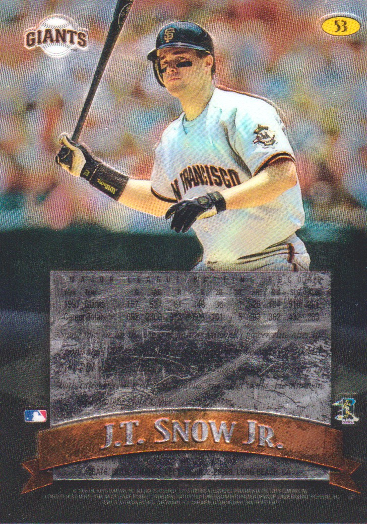 1998 Finest No-Protectors #53 J.T. Snow Jr. back image