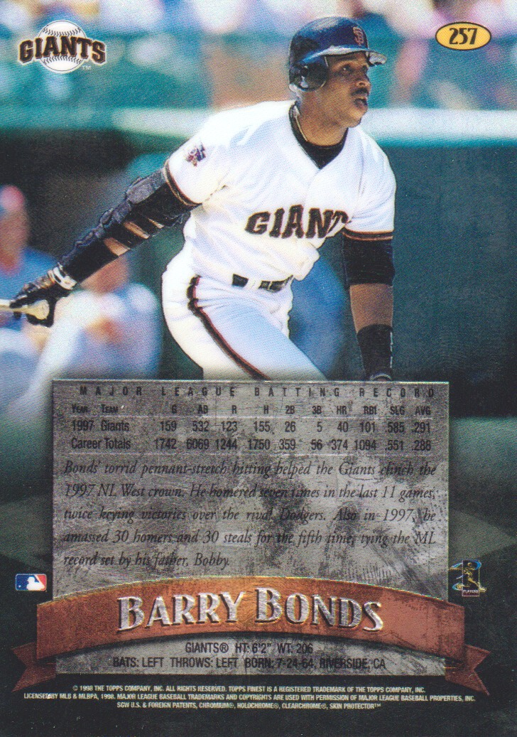 1998 Finest No-Protectors #257 Barry Bonds back image