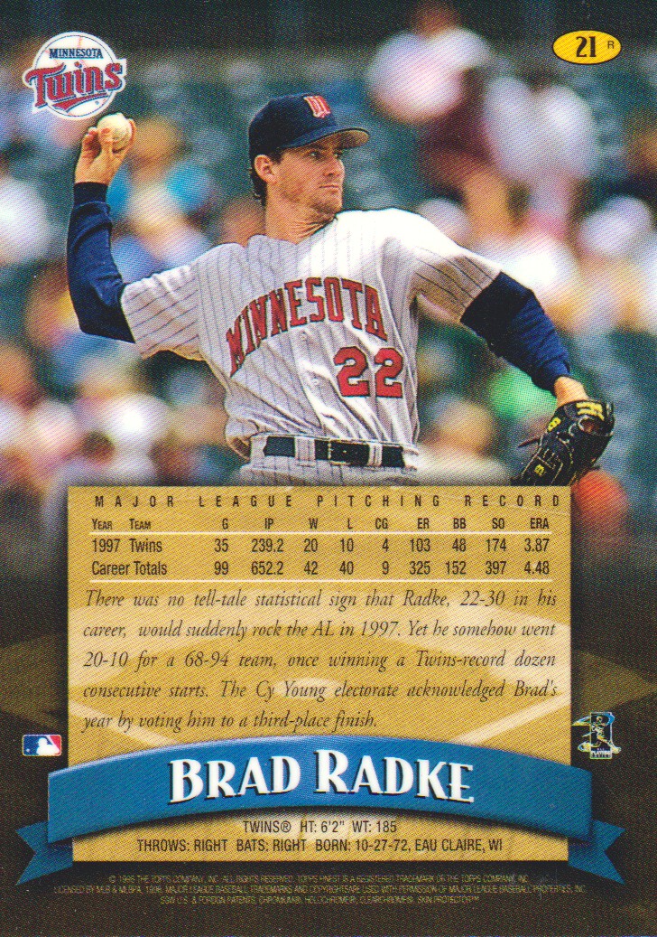 1998 Finest Refractors #21 Brad Radke back image