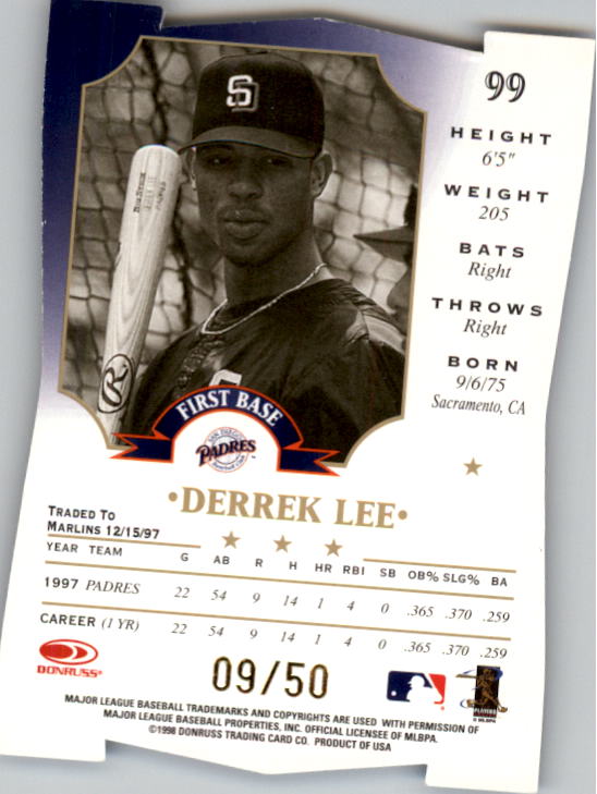1998 Leaf Fractal Diamond Axis #99 Derrek Lee back image