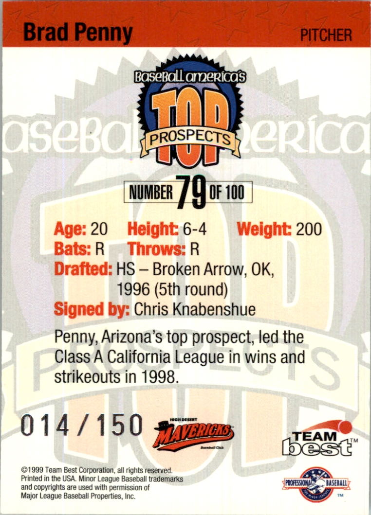 1999 Baseball America Silver #79 Brad Penny back image
