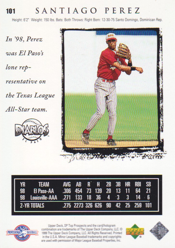 1999 SP Top Prospects #101 Santiago Perez back image