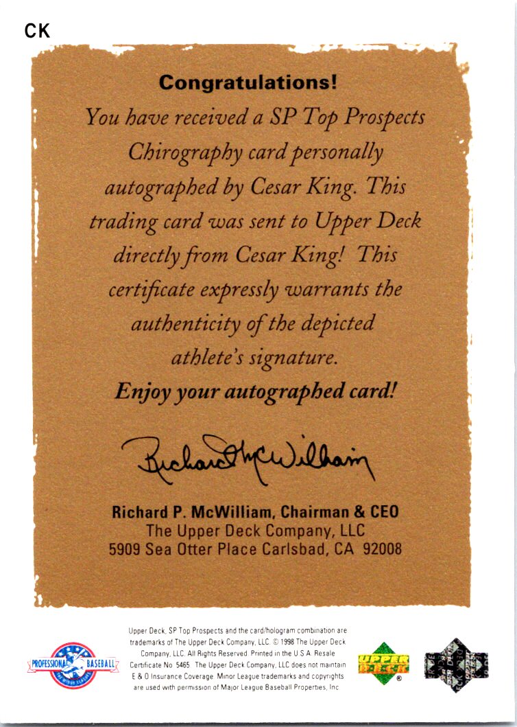 1999 SP Top Prospects Chirography #CK Cesar King back image