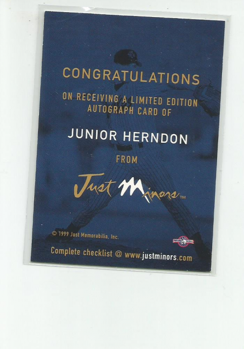 1999 Just Autographs #55 Junior Herndon IM back image