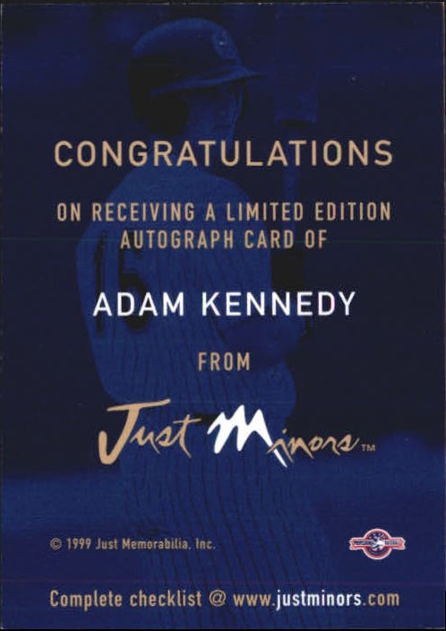1999 Just Autographs #67 Adam Kennedy ST back image