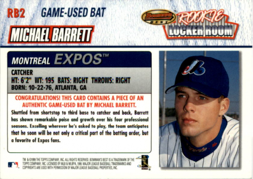 1999 Bowman's Best Rookie Locker Room Game Used Bats #RB2 Michael Barrett back image