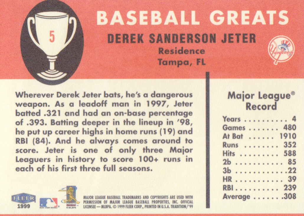 1999 Fleer Tradition Vintage '61 #5 Derek Jeter back image