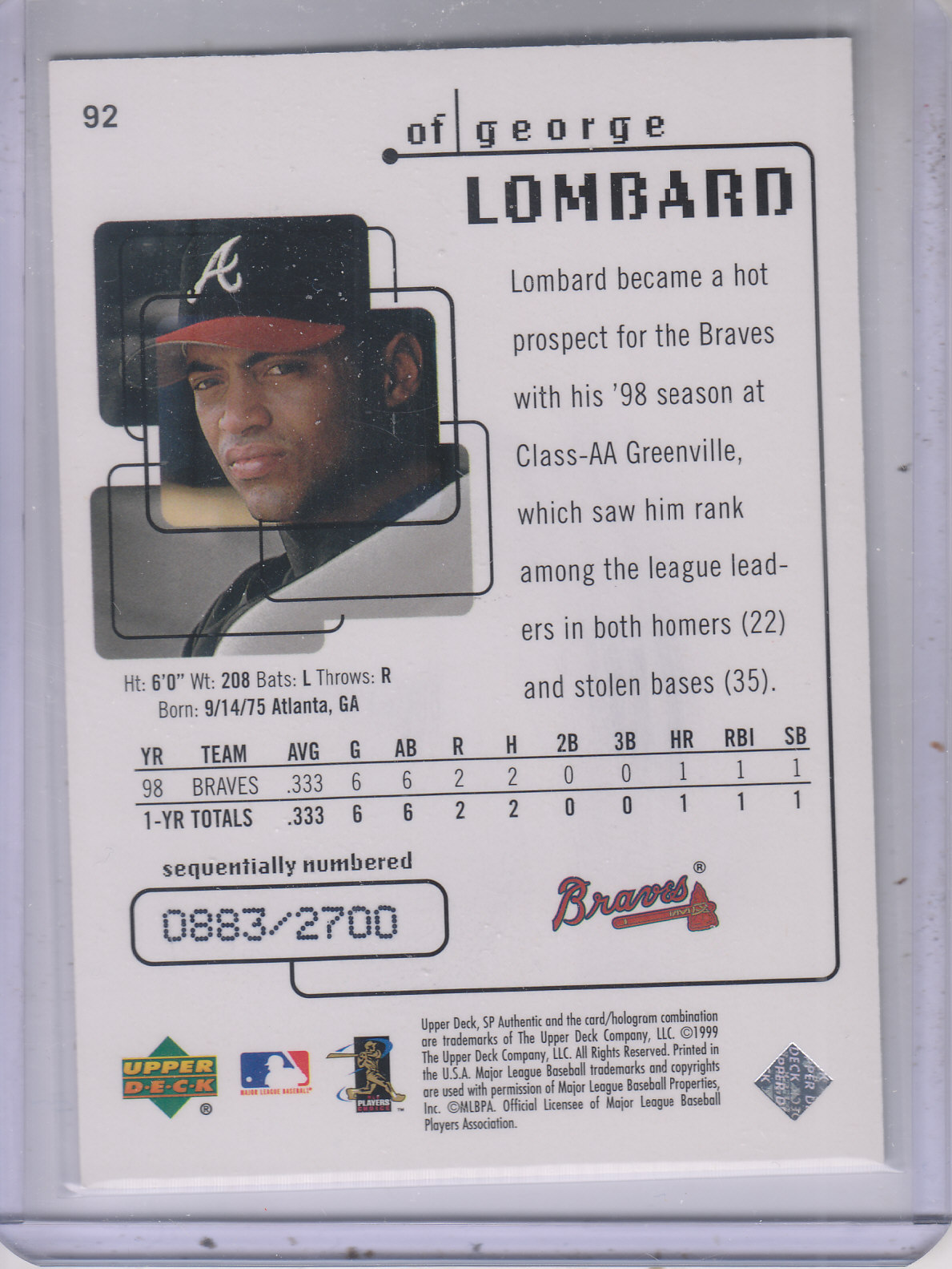 1999 SP Authentic #92 George Lombard FW back image