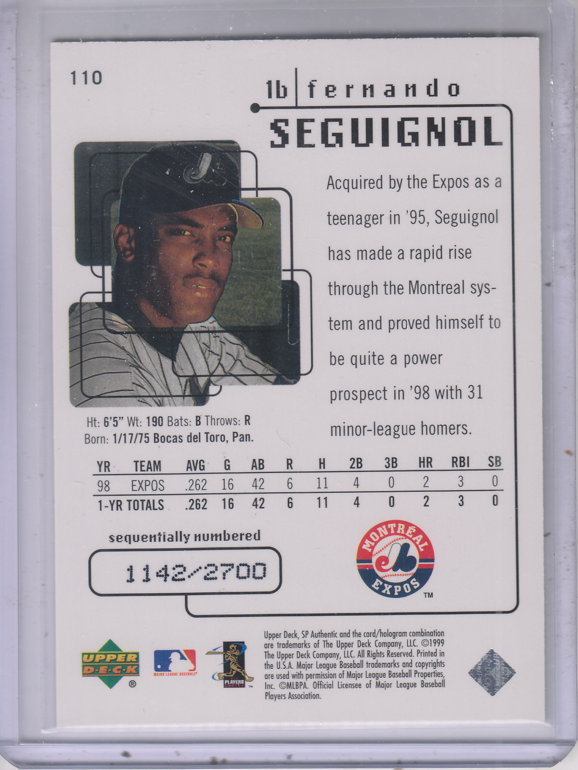 1999 SP Authentic #110 Fernando Seguignol FW back image