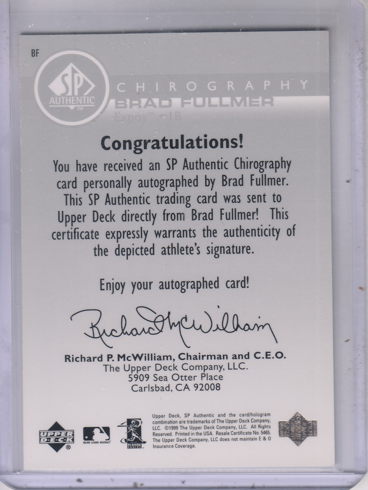 1999 SP Authentic Chirography #BF Brad Fullmer back image