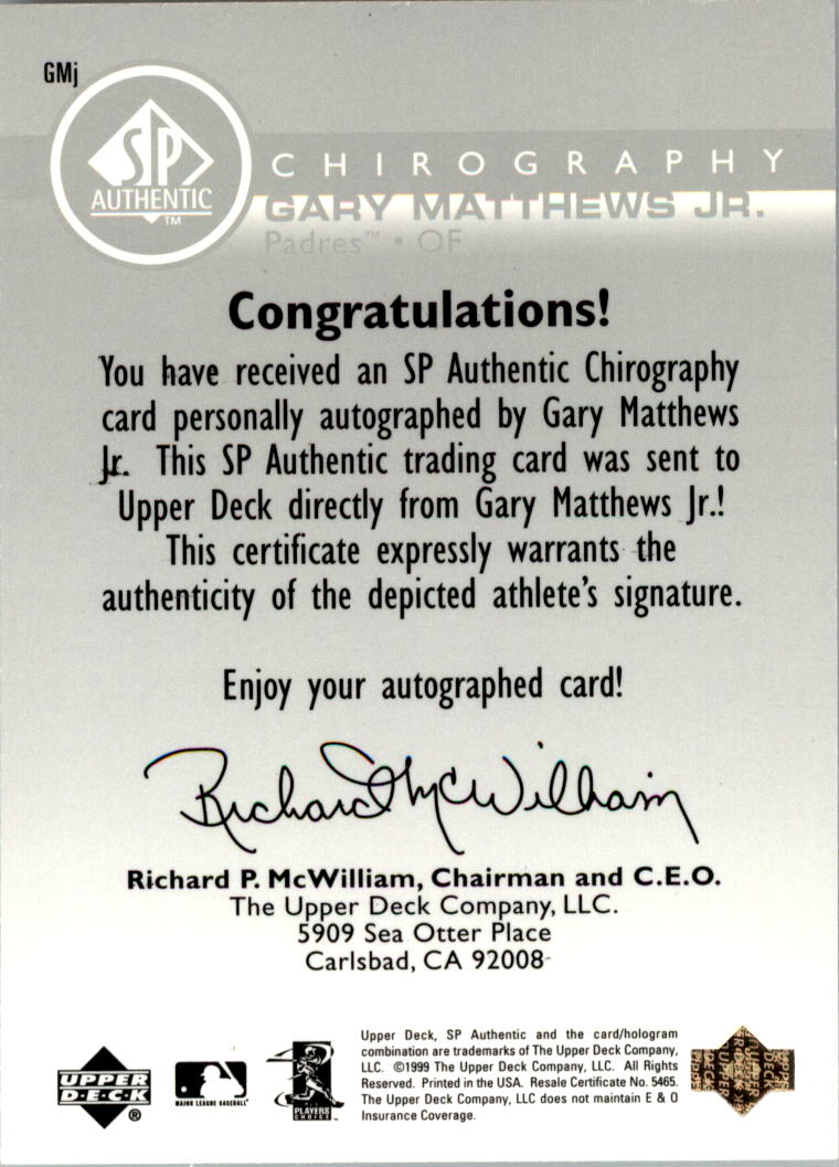 1999 SP Authentic Chirography #GMJ Gary Matthews Jr. back image