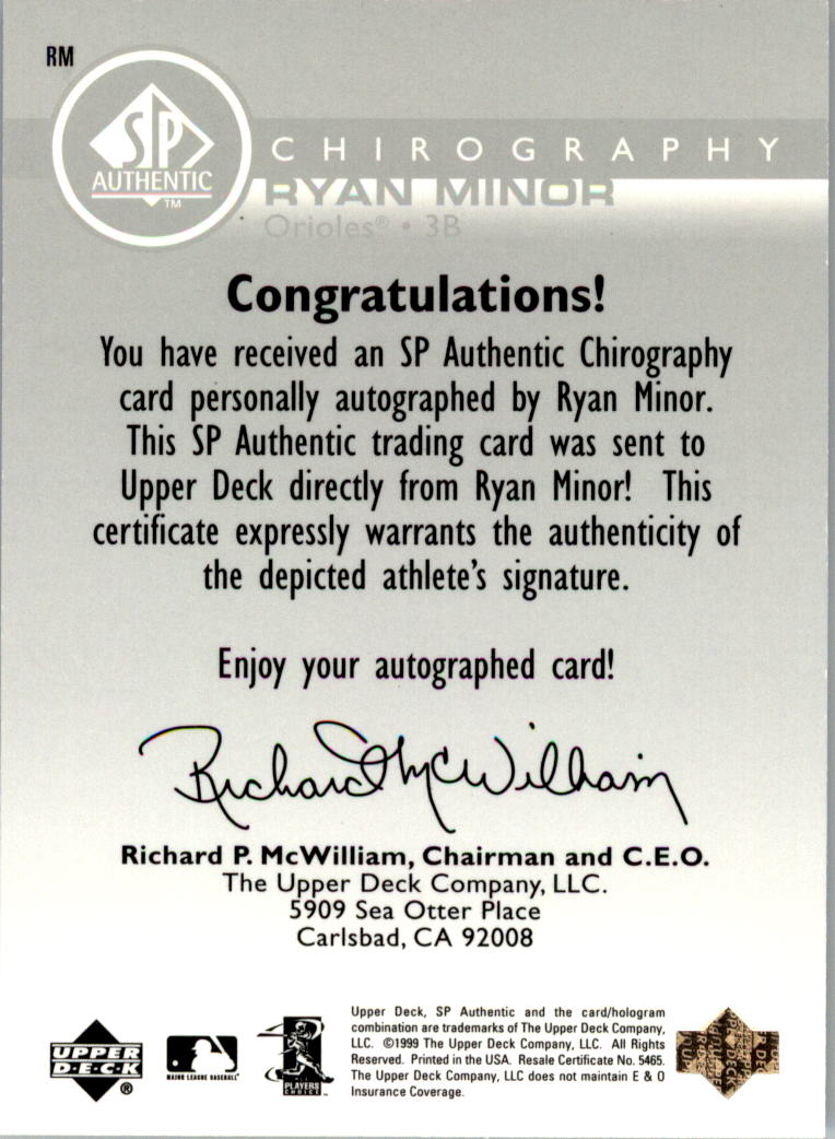 1999 SP Authentic Chirography #RM Ryan Minor back image