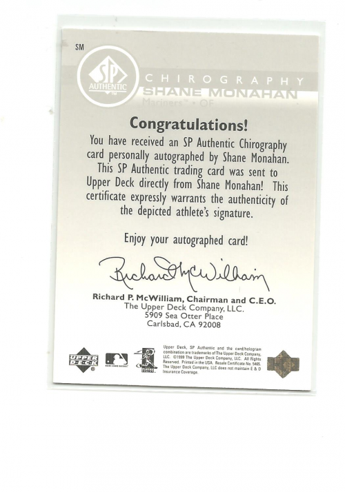 1999 SP Authentic Chirography #SM Shane Monahan back image
