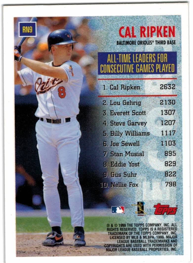 1999 Topps Record Numbers #RN9 Cal Ripken - w/o Foil Stamping - NrMt+ ...