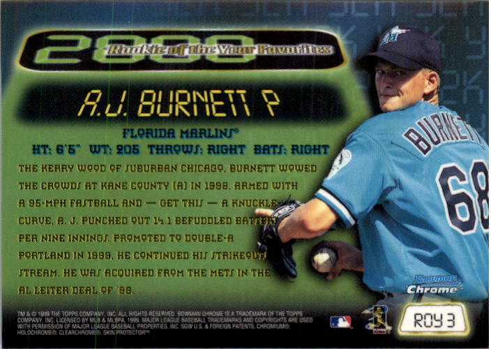 1999 Bowman Chrome 2000 ROY Favorites #ROY3 A.J. Burnett back image