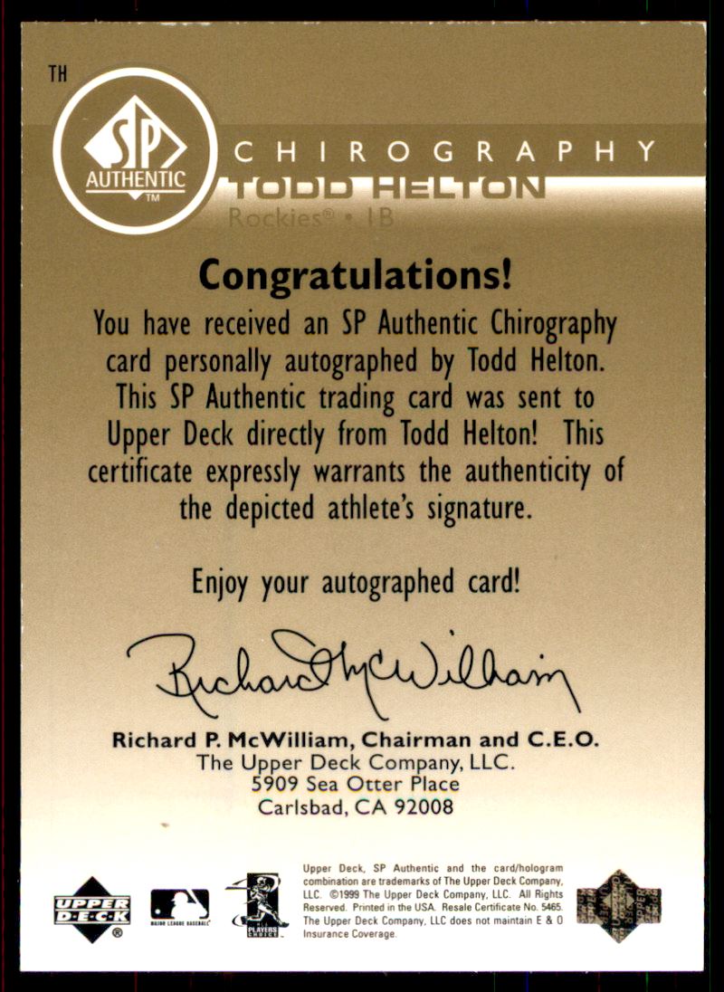 1999 SP Authentic Chirography Gold #TH Todd Helton/17 back image