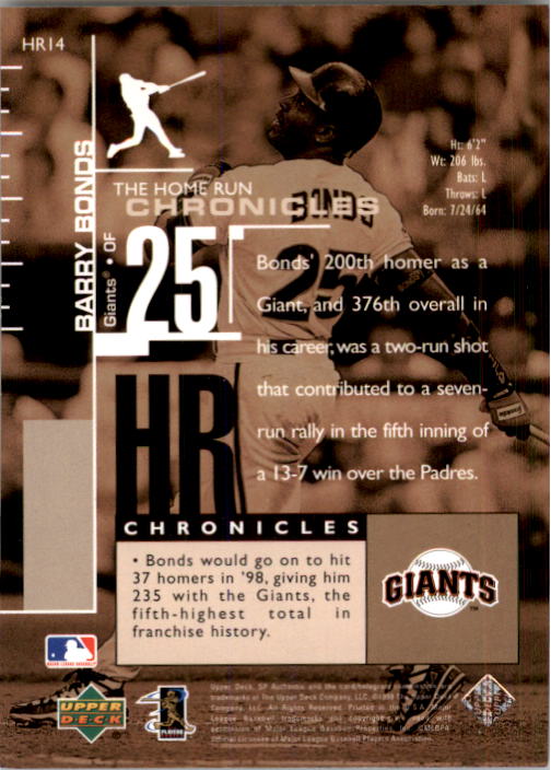 1999 SP Authentic Home Run Chronicles #HR14 Barry Bonds