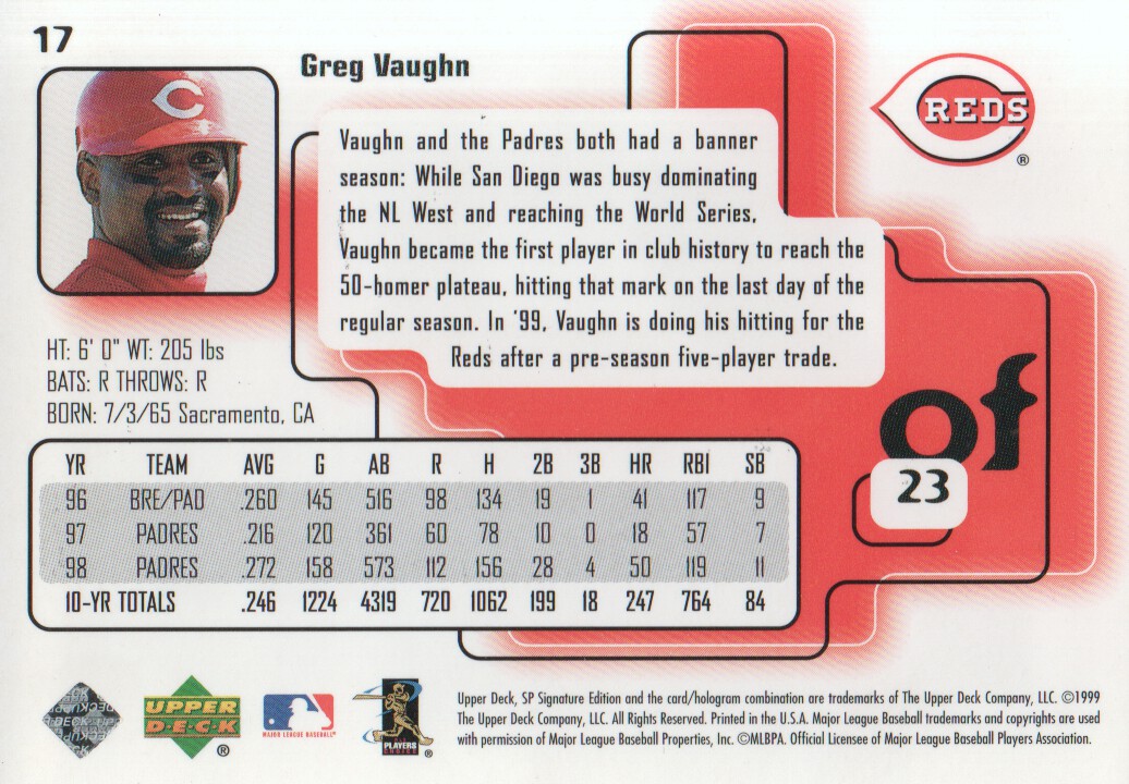 1999 SP Signature #17 Greg Vaughn back image