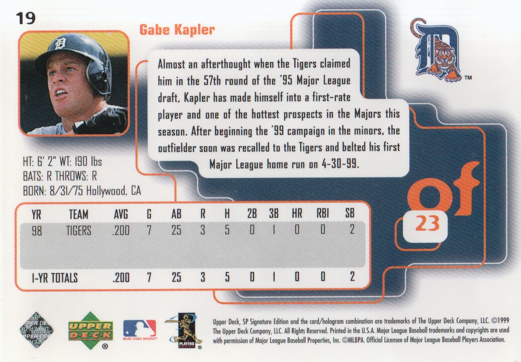 1999 SP Signature #19 Gabe Kapler back image