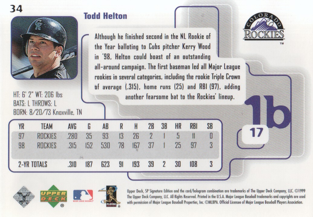 1999 SP Signature #34 Todd Helton back image