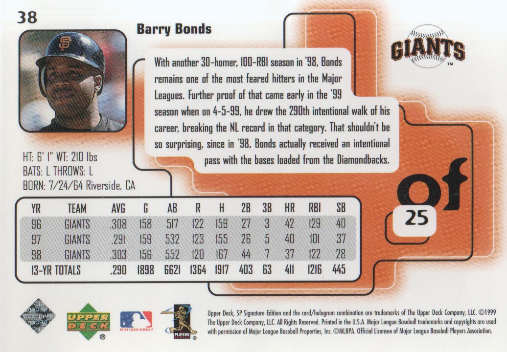 1999 SP Signature #38 Barry Bonds back image