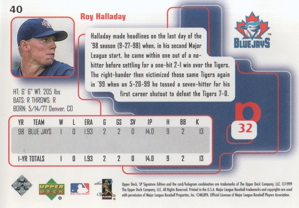 1999 SP Signature #40 Roy Halladay back image