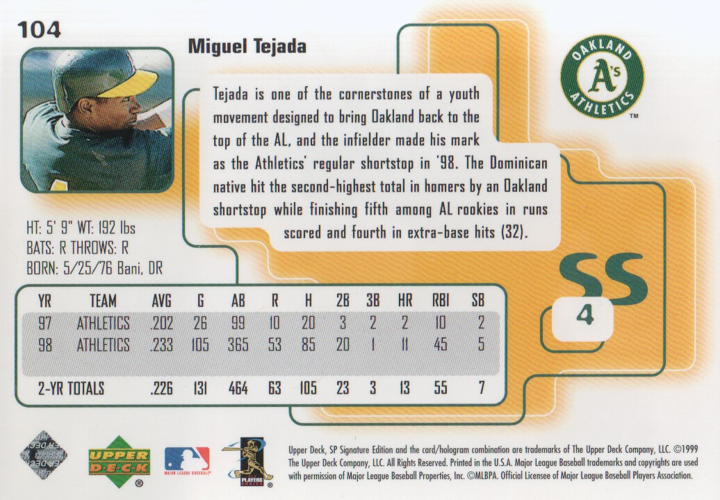 1999 SP Signature #104 Miguel Tejada back image