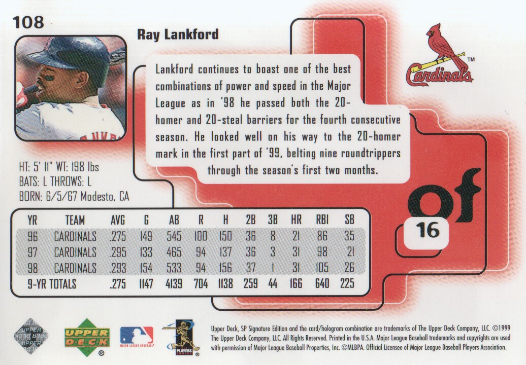 1999 SP Signature #108 Ray Lankford back image