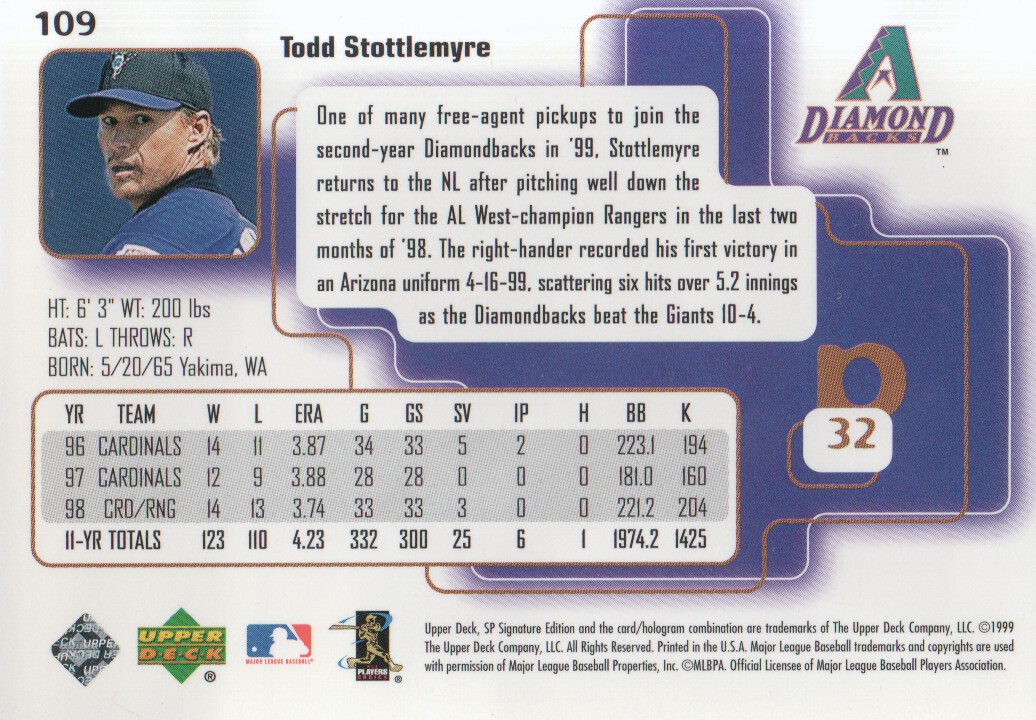 1999 SP Signature #109 Todd Stottlemyre back image