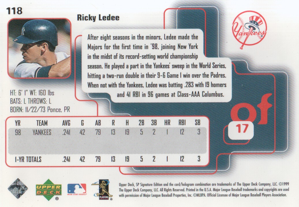 1999 SP Signature #118 Ricky Ledee back image