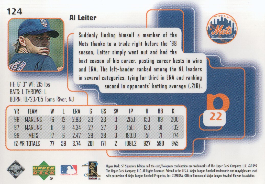 1999 SP Signature #124 Al Leiter back image