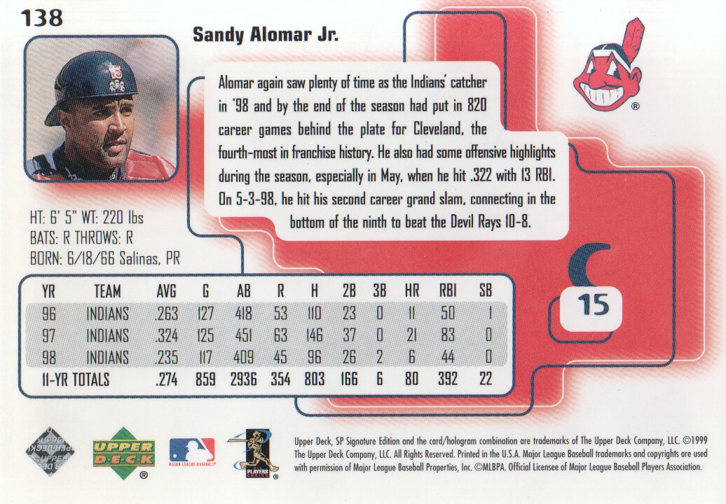 1999 SP Signature #138 Sandy Alomar Jr. back image
