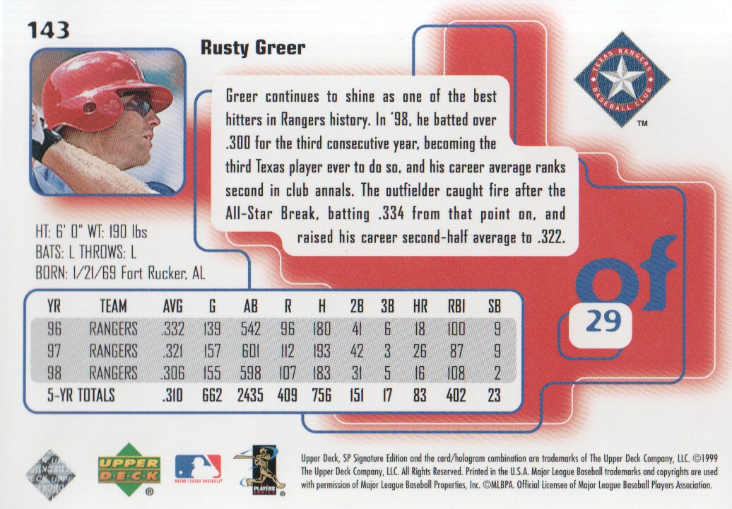 1999 SP Signature #143 Rusty Greer back image