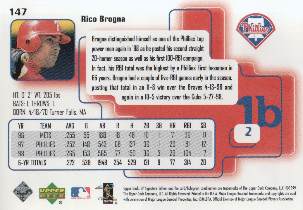 1999 SP Signature #147 Rico Brogna back image